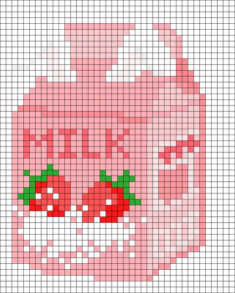 Strawberry Milk Pixel Art, Strawberry Perler Bead Pattern, Strawberry Pixel Art, Pixel Art Food, Baby Cross Stitch Patterns, Pixel Drawing, Pony Bead Patterns, Pixel Art Grid, Pixel Crochet