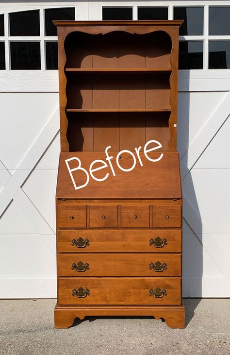 Secretary Desk Makeover, Painted Secretary Desks Ideas Colors, Painted Secretary Desk Ideas, Vintage Secretary Desk Makeover, Secretary Desk Makeover Ideas, Secretary Makeover, Desk Makeover Ideas, Rental Hacks, Painted Secretary Desks