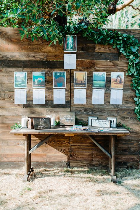 National Park Wedding Theme, Farm Wedding Decor, Wedding Table Assignments, Wedding Seating Chart Display, Campground Wedding, Unique Seating, Summer Camp Wedding, Diy Seating, Creek Wedding