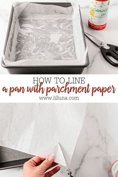 To prevent baked goods from sticking you'll want to know how to line a pan with parchment paper! Use these simple steps. #parchmentpaper #lineapan #baking Cookie Sticks, Brownie Pan, Parchment Paper Baking, Pan Bread, Paper Cake, Easy Delicious Recipes, Base Foods, Baking Tips, Parchment Paper