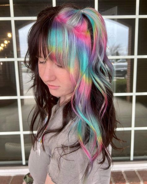 Halo Colored Hair With Bangs, Cool Toned Rainbow Hair, Split Rainbow Hair, Rainbow Roots Hair, Lisa Frank Hair, Rainbow Money Piece Hair, Blonde And Rainbow Hair, Rainbow Split Dye, Oil Spill Hair