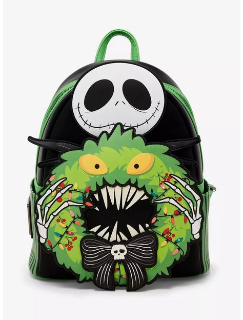 Jack Skellington Wreath Glow in The Dark Loungefly Backpack Jack Skellington Wreath, Holiday Handbag, Pop Bag, The Nightmare Before Christmas Jack, Cute Mini Backpacks, Christmas Jack Skellington, New Jack, Nightmare Before Christmas Jack, Disney Handbags