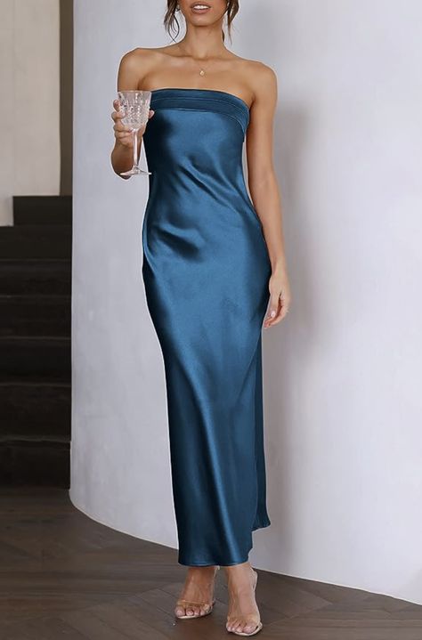 Caracilia Womens Satin Tube Sexy Backless Cut Out Formal Wedding Guest Evening Party Maxi Dresses Tube Top Maxi Dress, Long Tube Dress, Dresses For Formal Events, Satin Evening Gown, Maxi Dress Wedding Guest, Maxi Dresses Fall, Tube Top Dress, Dress Simple, Backless Maxi Dresses