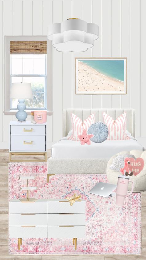 Pastel Coastal Bedroom, Pink And Blue Room Ideas Girly, Preppy Coastal Decor, Preppy Pink Room Ideas, Room Ideas Preppy Beach, Pink Costal Bedroom Ideas, Girly Beach Bedroom, Coastal Preppy Room, Colorful Beach Room