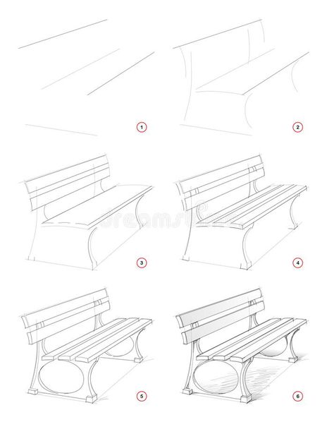 How to draw step by step sketch of imaginary bench in the park. Creation pencil drawing. Educational page for artists. Textbook for developing artistic skills stock illustration Bench Drawing Simple, Simple Architecture Drawing, Step By Step Sketches, Basic Sketching, Architecture Drawing Sketchbooks, Draw Step By Step, Graphic Tablet, Pencil Drawings For Beginners, Perspective Drawing Architecture