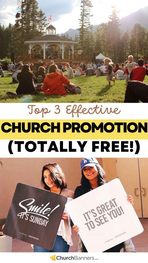 Promoting your church doesn't have to be time-consuming or cost a pile of money. Simply being strategic with your marketing ideas will empower your members to promote your church with word-of-mouth advertising! Keep reading to boost attendance for your next events. Church Marketing Ideas, Pile Of Money, Church Marketing, Promotion Ideas, Event Advertising, Church Ministry, My Church, Outdoor Signage, Church Banners