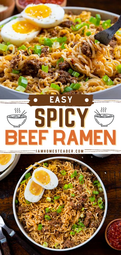 Asian Ground Beef Recipes Noodles, Spicy Ground Beef Ramen Noodle Recipes, Ramen Noodle With Ground Beef, Ground Meat Ramen Noodles, Ramen Noodles With Boiled Egg, Ramen And Ground Beef Recipe, Beef Top Ramen Recipes, Ramen Ground Beef Recipes, Ramen With Ground Beef