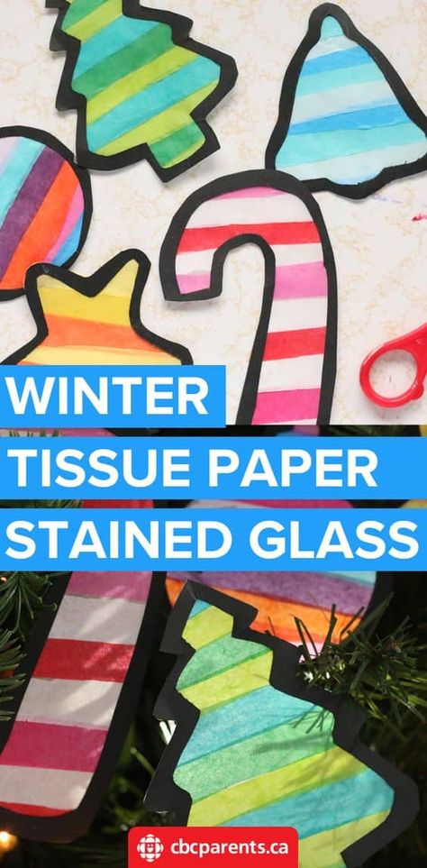 Christmas Craft: Stained Glass Tissue Paper Shapes For Your Tree Or Window | Play | CBC Parents Winter Window Craft, Tissue Paper Christmas Decorations, Stained Glass Tissue Paper, Wonderland Classroom, December Themes, Stained Glass Craft, Tissue Paper Art, Paper Shapes, Tissue Paper Crafts