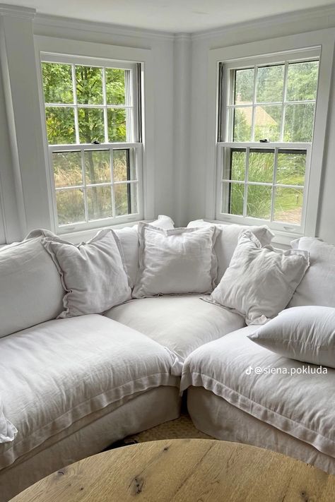 Comfy Cloud Couch, White Cozy Couch, Spring Aesthetic Living Room, White Cloud Sectional, Regular Living Room, White Sofa Aesthetic, White L Shaped Couch, Lived In House Aesthetic, Cottage Core Couch