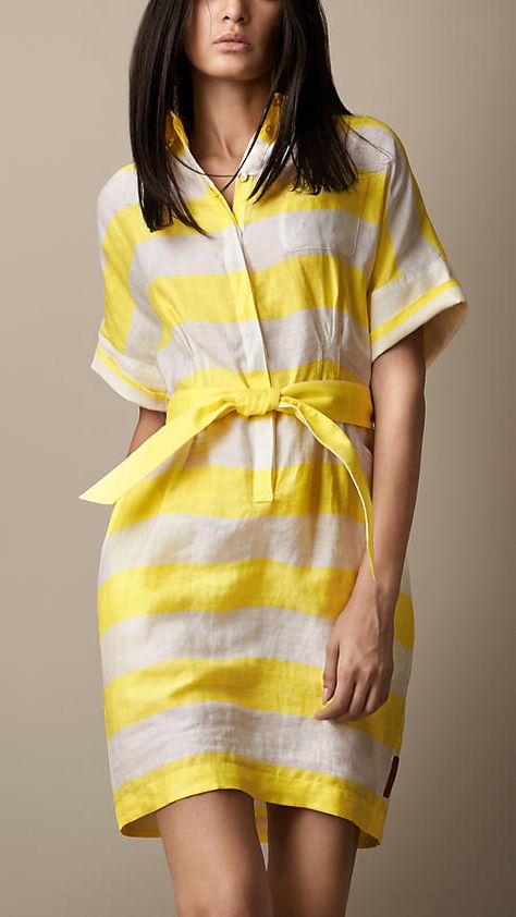 Block Stripe Linen Blend Shirt Dress | Burberry Áo Blu, British Outfits, Linen Dresses, Striped Linen, Striped Shirt, Striped Dress, Hands On, Batik, Linen Blend