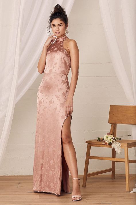 Blush, satin bridesmaid dress - unique bridesmaid dress with high-neck - light rose floral satin jacquard maxi dress - $85 from Lulus - Check out more floral bridesmaid dresses on WeddingWire! Blush Pink Maxi Dress, Floral Bridesmaid Dresses, Floral Bridesmaid, Red Carpet Ready, Pink Maxi, Light Rose, Stunning Gowns, Satin Maxi, Guest Dress