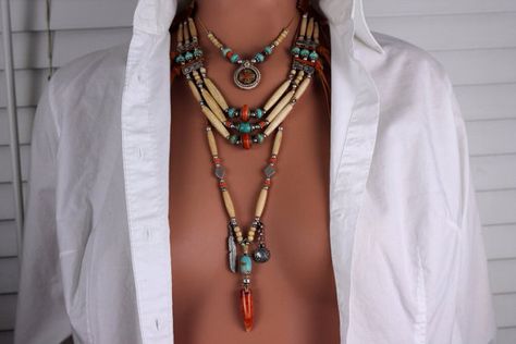 Native American Five Strand Hairpipe Bone by AmbivalentGypsy, $300.00 Southwestern Multi-strand Large Bead Necklaces, Southwestern Multi-strand Turquoise Necklace, Collar Hippie, Jewelry Facts, Luxury Southwestern Hand-strung Beaded Necklaces, Southwestern Style Adjustable Hand-strung Turquoise Necklace, Adjustable Southwestern Hand-strung Turquoise Necklace, Native American Necklace, Bone Jewelry