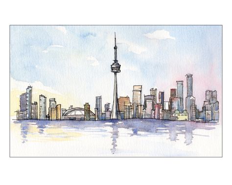 Ink & Watercolor Fine Art Print of Toronto Skyline. Sketched from Toronto Island. Available ofr purchase in my Etsy shop. GenineCarvalheiraArt Watercolor City Skyline, Vancouver Watercolor, Toronto Watercolor, Toronto Drawing, Canada Drawing, Canada Watercolor, Invite Background, Watercolour Trees, Skyline Drawing