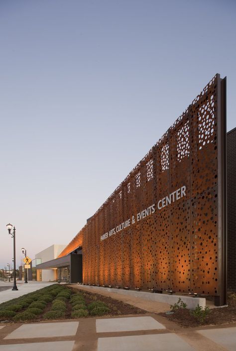 The 50,000 SF PACE performing arts venue is much more than just a state of the art 600-seat theater.  The Town of Parker, CO has recently opened the doors of the brand new arts & cultural center to the public, offering the space towards a range of events, from weddings & concerts to... Fasad Design, Detail Arsitektur, Building Skin, Metal Facade, Events Center, Industrial Architecture, Brown Design, Lan Can, Metal Screen