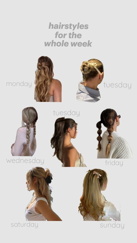 hairstyles for the whole week #hairstyles #hairstyle #hairinspo #hair #week #cleangirl #haileybieber Fair Day Hairstyles, Country Club Hairstyles Spirit Week, Hairstyles With Helmets, Ipod Hairstyles, 7 Days Of Hairstyles, Hairstyles For Every Day Of The Week, Day Of The Week Hairstyles, 2 Plates Hairstyle, Hairstyles For The Week School