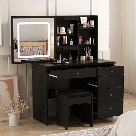 Homsee Vanity Desk Set Makeup Table with Large Sliding Lighted Mirror, Dressing Table with 5 Drawers, Storage Shelves & Cushioned Stool for Bedroom, Black Black Vanity Desk, Modern Makeup Vanity, Makeup Vanity Table, Dressing Table With Drawers, Makeup Vanity Set, Makeup Dressing Table, Sliding Mirror, Vanity Benches, Makeup Table Vanity