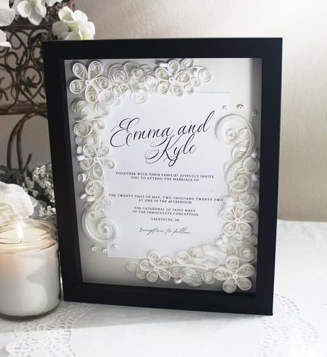 Wedding Shadowbox, Wedding Invitation Keepsake, Wedding Shadow Box, Keepsake Wedding, Daughter In Law Gifts, Paper Flowers Wedding, White Wedding Invitations, Quilling Paper, Custom Wedding Gifts