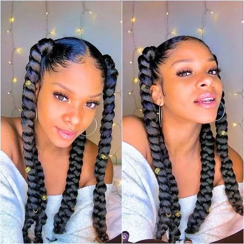 4 jumbo braids with hair accessories Large Box Braids Hairstyles, 4 Jumbo Braids, Hairstyle For Black Women, Large Box Braids, Side Braid Hairstyles, Jumbo Box Braids, Black Ponytail Hairstyles, Braided Cornrow Hairstyles, Braids Hairstyles Pictures