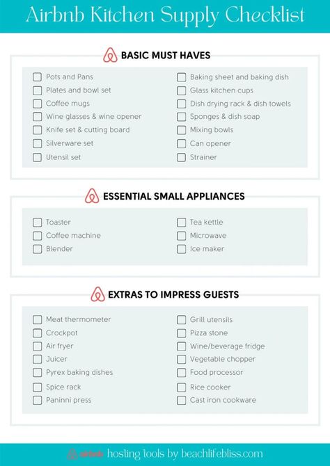 Airbnb Kitchen Checklist: The Ultimate List For Guest Cooking Essentials Air Bnb Essentials List, Air Bnb Kitchen Essentials, Airbnb Shopping List, Airbnb Checklist House Guests, Airbnb Flat Ideas, Guest Hosting Essentials, Cohost Airbnb, Airbnb Set Up, Airbnb Essentials Checklist