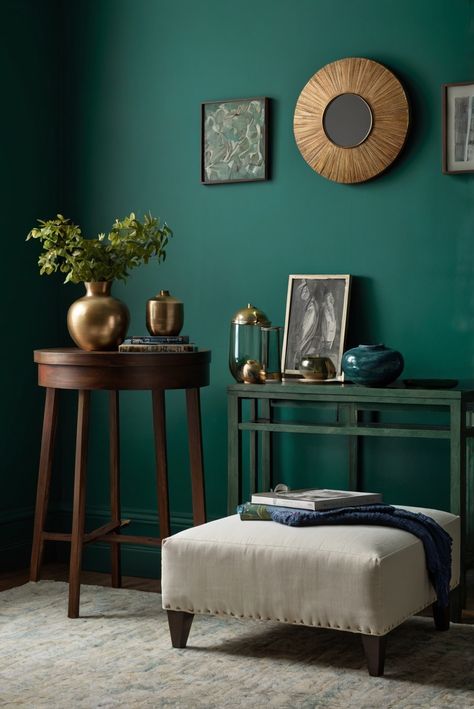 Discover the luxurious 2024 trend of Emerald Isle, featuring Etruscan Green and opulent accents. Dive into the lavish world of design and sophistication. #ad     #Colortrend #wallpaint2024  #color2024  #DIYpainting  ##DIYhomedecor  #Fixhome Emerald Green Paint Palette, Sherwin Williams Emerald Green, Emerald Green Wall Paint, Emerald Green Wall, Emerald Green Paint Colors, Emerald Green Room, Green Dining Room Paint, Emerald Green Rooms, Small Corner Cabinet