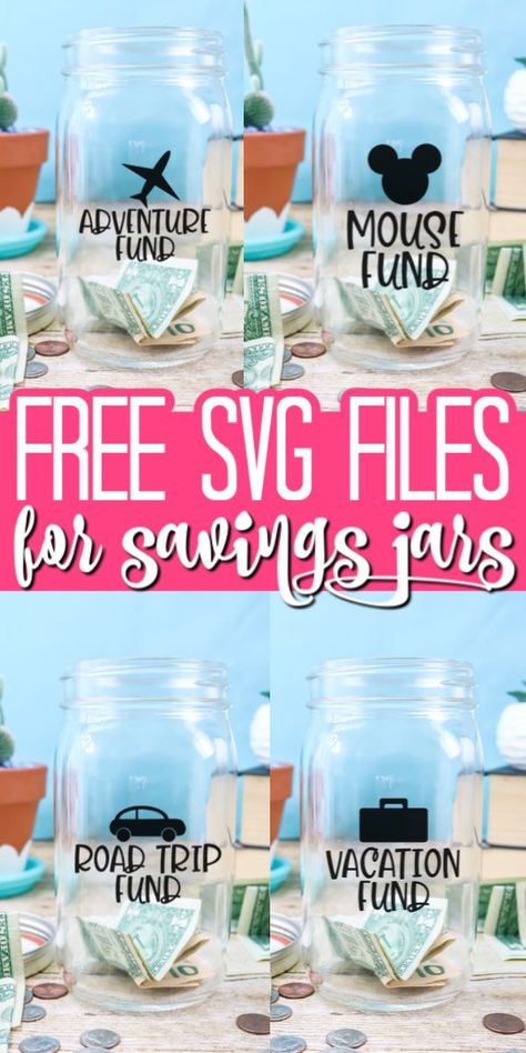 Make these vacation savings jars and have the whole family save up for your next adventure or road trip! #svg #freesvg #cricut #cricutcreated #cutfile #masonjar #vinyl #savingsjar #vacation Vacation Fund Jar, Vacation Savings Jar, Papaw Gifts, Vacation Fund, Vacation Savings, Travel Fund, Diy Decoracion, Savings Jar, Work Supplies