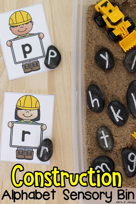 Are you looking for a fun letter recognition and sensory activity? Your preschoolers and kindergartners are sure to “dig” this Construction Alphabet Sensory Bin as they are learning the ABC’s through sensory play. Pre-readers can work on matching lowercase and capital letters, letter sounds, and letter formation. Click on the picture to learn how to make this sensory bin and get the free letter recognition cards! #letterrecognition #sensorybin #sensoryplay #preschool #alphabetactivity Construction Literacy Activities, Community Helpers Sensory, Alphabet Sensory Bin, Construction Alphabet, Construction Activities Preschool, Construction Theme Classroom, Construction Theme Preschool, Preschool Construction, Letter Recognition Activities