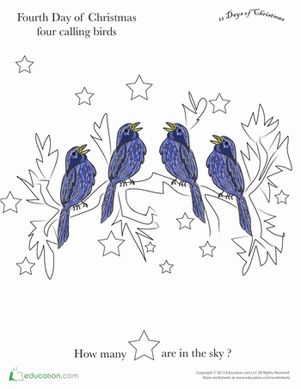 Christmas Preschool Holiday Counting & Numbers Worksheets: Four Calling Birds Birds In Winter Crafts For Kids, Winter Birds Art For Kids, Four Calling Birds Christmas, Winter Bird Illustration, Four Calling Birds, Chrsmas Tree Bird, Counting Practice, Christmas Birds, Numbers Worksheets