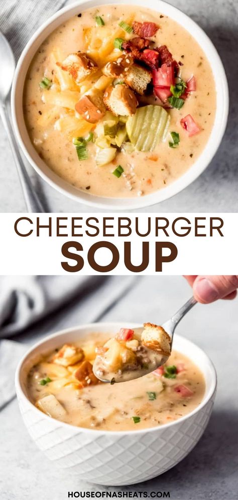 Cheeseburger Soup is loaded with all our favorite burger fixings and flavors in a bowl! It's a hearty, creamy, comforting soup that my whole family loves on cool nights! | easy cheeseburger soup recipe | cheeseburger soup recipe with bacon | bacon cheeseburger soup | cheeseburger soup dutch oven | cheeseburger soup in dutch oven | cheeseburger soup with pickles | cheeseburger dill pickle soup | best winter soups | best winter soup recipes Soup Cheeseburger, Burger Fixings, Soup Hamburger, Cheeseburger Soup Recipe, Ground Beef Potatoes, Soup Recipe Easy, Soup With Bacon, Beef Potatoes, Soup Crockpot