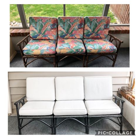 How To Reupholster Outdoor Cushions, Painting Patio Cushions, How To Paint Outdoor Cushions, Painting Outdoor Cushions, Outdoor Fabric Paint, Chalk Painted Sofa, Paint Outdoor Cushions, Painted Vanities, Porch Projects