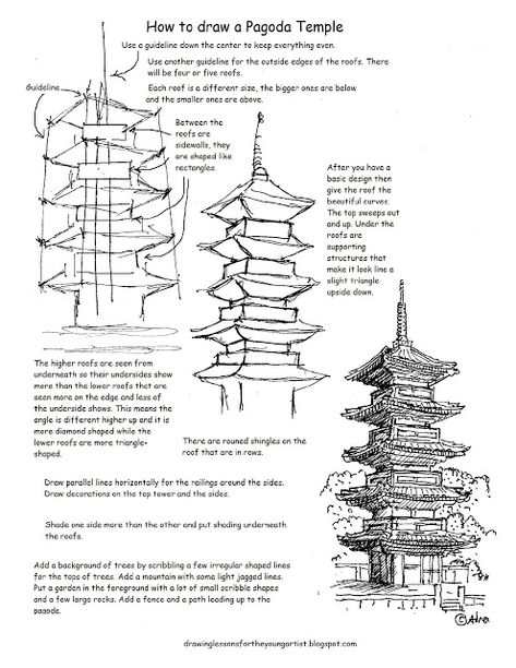 See more at the blog: http://drawinglessonsfortheyoungartist.blogspot.com/,  How to Draw Worksheets for The Young Artist: How to Draw A Japanese Pagoda Temple Worksheet and Drawing lesson Pagoda Temple, Japanese Pagoda, Architecture Drawing Sketchbooks, Drawing Lesson, Architecture Sketchbook, Architecture Drawing Art, Buku Skrap, Japon Illustration, Basic Drawing