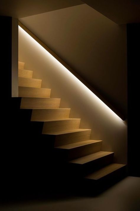 LED strip lighting to highlight the railing will let you see your stairs even in the dark Decorating Basement, Staircase Lighting Ideas, Stairs Lighting, درج السلم, Stairway Lighting, Stair Lights, Staircase Ideas, Staircase Remodel, Staircase Lighting