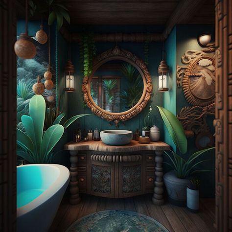 This gorgeous bathroom combines nature and the ocean with all the magic of Polynesia Rustic Mermaid Bathroom, Moana Themed Bathroom, Water Inspired Bathroom, Moana Aesthetic Room, Whimsical Master Bath, Moana Bathroom Ideas, Moody Mermaid Bathroom, Sea Witch Bathroom, Boho Mermaid Bathroom