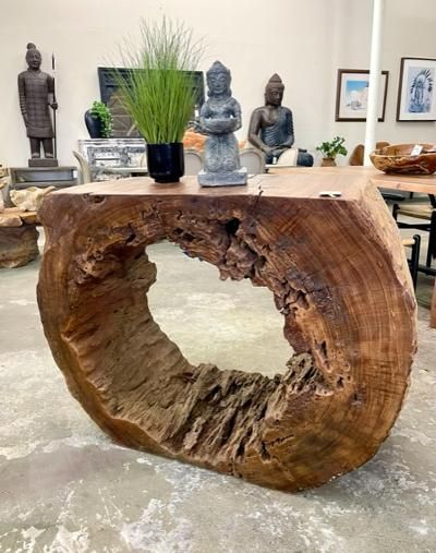 Our Manchu console, a solid teak root wonder, measures 44" wide by 22" deep by 35" high. This one of a kind piece is perfect for an entryway or standing alone in all its natural splendor.  From Indonesia. Rustic Wood Crafts, Wooden Console Table, Log Furniture, Standing Alone, Wood Project, Small Wood Projects, Driftwood Art, Woodworking Designs, Easy Woodworking Projects