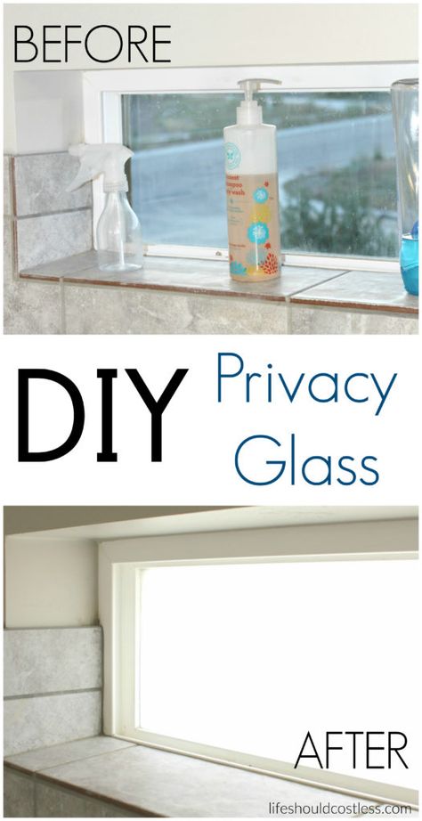 DIY Privacy Glass. It takes less than an hour and can easily be removed. {lifeshouldcostless.com} Glass Front Door Privacy, Bathroom Window Privacy, Frosted Glass Window, Frosted Glass Door, Door Diy, Bathroom Window, Frosted Windows, Privacy Curtains, Privacy Film