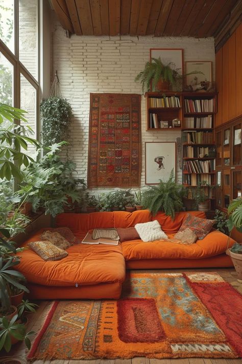 Mexican Hacienda Interior Design, Living Room Decor Ideas With Plants, Colorful Cottage Core Living Room, Couches Living Room Aesthetic, 70s Orange Couch, Middle Eastern Decor Living Room, Mystical Home Aesthetic, Retro Future Interior Design, Textiles Interior Design