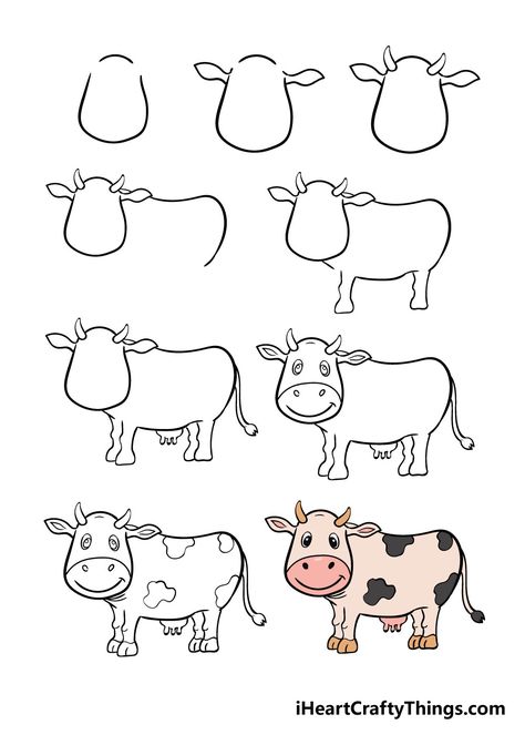 How to Draw A Cow – A Step by Step Guide Cow Doodle Easy, How To Draw Cow, Draw Cow, Cow Drawing Easy, Draw A Cow, Sensory Cards, Trin For Trin Tegning, Easy Halloween Drawings, Cow Sketch