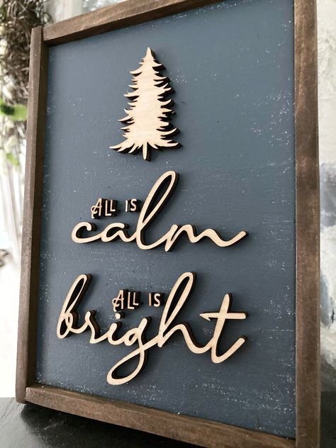 This sign is so striking and beautiful with it's slightly distressed blue background and laser cut natural wood words and pine tree. It comes in multiple sizes which makes it perfect to gift, but you may decide that it's exactly what you need for your own Christmas decor.-Choose your stain color for your frame (see chart in pictures)-Choose your frame size-Choose your sign size (size listed is before your frame is added)Wood signs have natural characteristics that will show through so therefore Christmas Carol Decorations, Navy Blue Christmas, Dollar Store Christmas Crafts, Laser Cut Wood Crafts, Night Christmas, Laser Engraved Ideas, Dollar Store Christmas, Christmas Signs Wood, Thanksgiving Decor