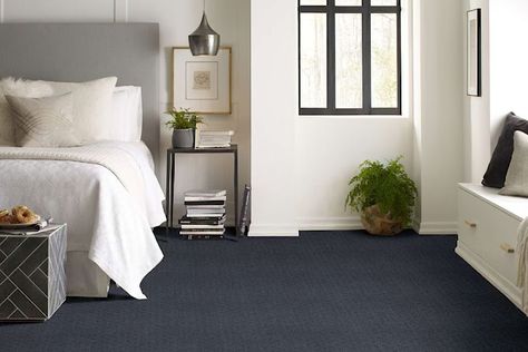 Using Touches of Blue in Design | Carpet One Floor & Home Dark Blue Carpet, Navy Carpet, Blue Carpet Bedroom, Bedroom Decor Dark, Blue Ceilings, Carpet Bedroom, Blue Furniture, Blue Cabinets, Bedroom Color