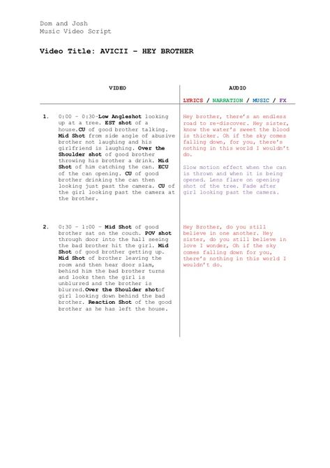 Music video script template a2 media adv portfolio1 Musical Script Aesthetic, Youtube Script Template, Podcast Script Template, Video Script Template, Youtube Video Script, Avicii Hey Brother, Script Layout, Youtube Script, Script Template