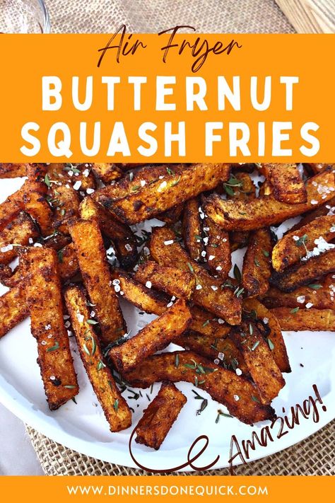 Enjoy crispy homemade butternut squash fries in your air fryer! They are a unique way to use a fall squash as a side dish! #dinnersdonequick #butternutsquashfries #butternutsquashfriesairfryer #airfrybutternutsquashfries #butternutsquashfriesrecipes #butternutsquashfrenchfries #butternutsquashfriescrispy #howtomakebutternutsquashfries #squashfries Honey Nut Squash Air Fryer, Air Fryer Butternut Squash Fries, Air Fry Acorn Squash, Air Fry Butternut Squash, Butternut Squash In Air Fryer, Air Fryer Squash, Air Fryer Butternut Squash, Fries In The Air Fryer, Roasted Red Cabbage