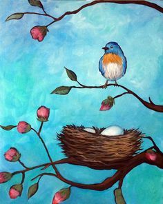 Bluebird of Happiness Bird Nest Painting, Kids Painting, Easy Canvas Painting, Spring Painting, Painting Gallery, Night Painting, Beginner Painting, Art Drawings For Kids, Painting Class