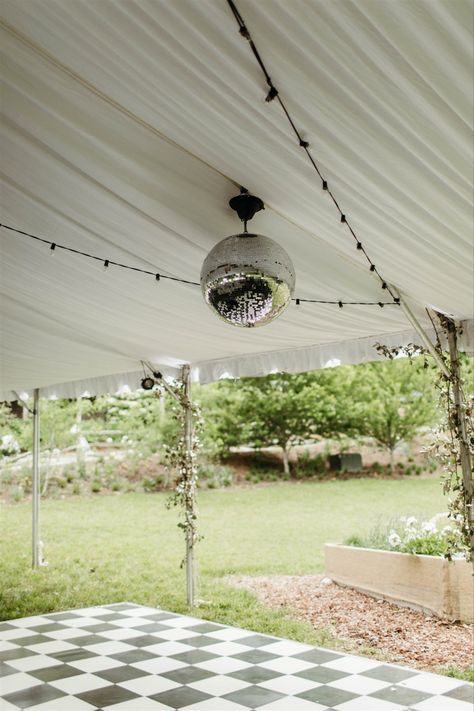 Dance Floor Disco Ball, Garden Party Dance Floor, Disco Dance Floor Wedding, Disco Backyard Party, Wedding Dance Floor Indoor, Disco Ball Tent Wedding, Backyard Dance Floor, Backyard Wedding Dance Floor, Backyard Tent Wedding