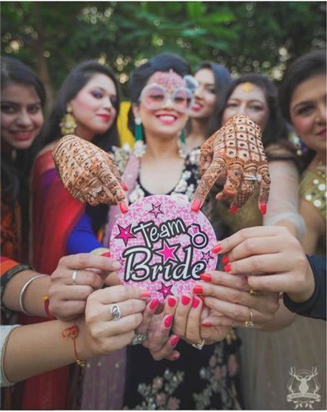 Team bride metallic badge | Ideas for the bride's side bridesmaids | pink team bride badges | Bridesmaid's Gift ideas | Bride posing with her BFFs |  bride sunglasses | Photo Credits- Morvi Images | Every Indian bride’s Fav. Wedding E-magazine to read.Her Wedding Photography Ideas Bridesmaids, Wedding Vows For Her, Bridesmaid Poses, Bride Friend, Bridesmaid Photoshoot, Bridesmaid Funny, Indian Wedding Bride, Bridal Photography Poses, Gif Disney