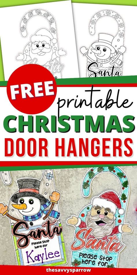 Christmas Door Hanger Template Free Printable, Santa Stop Here Door Hanger, Christmas Door Knob Hangers, Christmas Door Hangers, Childrens Christmas Crafts, Bee Crafts For Kids, Colorful Christmas Decorations, Diy Christmas Door, Door Hanger Christmas