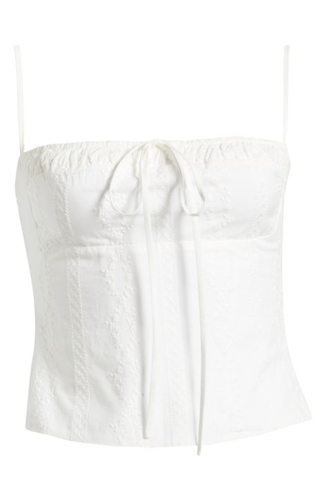 Decorative tonal embroidery adds to the charm of this corset-inspired top made with a hint of stretch for a curve-hugging fit. 12 1/2" length (size Medium) Hidden back-zip closure Square neck Adjustable straps Lined 65% polyester, 32% cotton, 3% elastane Dry clean Imported Embroidered Corset Top, Top Png, Aesthetic Tops, Embroidered Corset, Cute White Tops, White Corset Top, Summer Cotton Tops, Tonal Embroidery, Corset Blouse