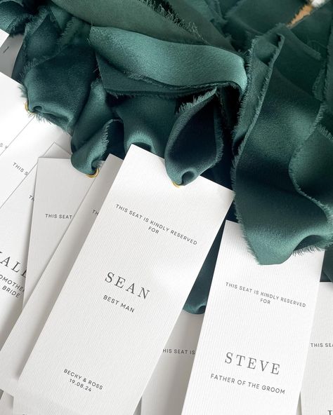 The most gorgeous green silk to finish off these reserved ceremony seat tags 🤍 . #weddingstationery #reservedseating #weddinginspo #weddinginspiration #weddingdecor #inspo #weddingday #bridetobe #groom . Wedding table | Tablescape | Bride to be | Wedding Day Reserved Seats Wedding Ceremony, Ceremony Seat Reservation, Seat Reservations Wedding, Reserved Seating Wedding, Minimal Wedding Invitation, Reserved Seating, Ceremony Seating, Minimal Wedding, Wedding Stationary