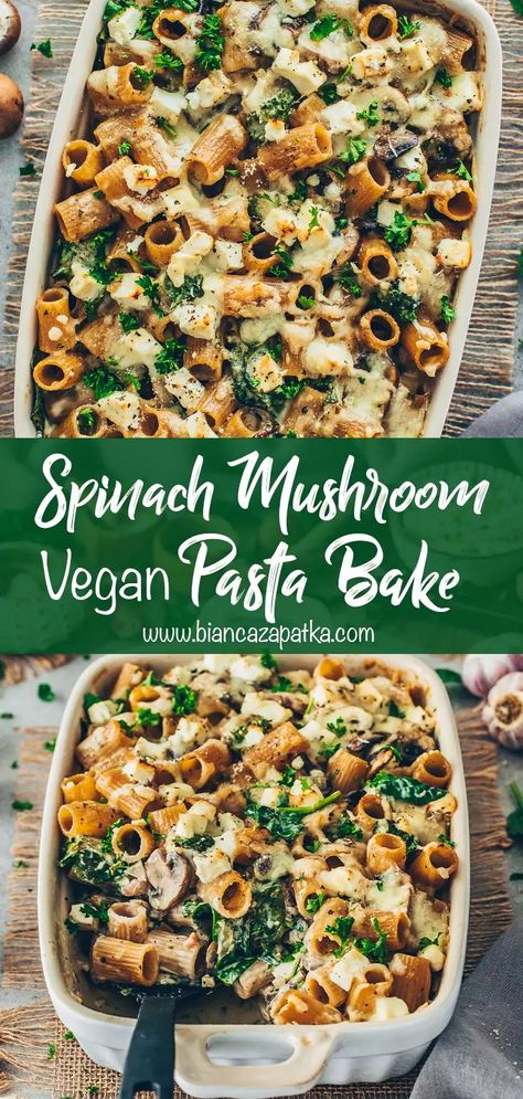 Pasta Bake Vegan, Vegan Casserole Recipes, Mushroom Pasta Bake, Vegan Pasta Bake, Vegetarian Casserole Recipes, Spinach Mushroom Pasta, Vegan Casserole, Vegetarian Casserole, Spinach Mushroom