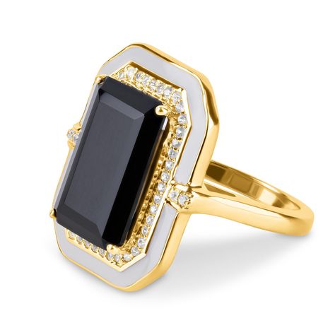 PRICES MAY VARY. HIGH QUALITY: Crafted with exquisite 14k gold-plated silver, this black onyx ring is adorned with a 5.8 carat onyx, white sapphire accents and hand-painted white enamel for unrivaled luxury. It is stamped with "925" for authenticity. HYPOALLERGENIC: For those seeking both style and comfort, this cocktail statement ring is designed to be 100% nickel free and hypoallergenic making it perfect for sensitive skin. Say goodbye to green fingers even after hours of wear! MATCHING SET: C Black Enamel Diamond Ring, Black Opal Ring, Octagon Shape, Gold Gemstone Ring, Black Onyx Ring, Custom Ring, Onyx Ring, Affordable Jewelry, Dream Ring