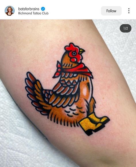 Hen Tattoo, Farm Tattoo, Chicken Tattoo, Rooster Tattoo, Cow Tattoo, Traditional Tattoo Designs, Stomach Tattoos, Old Tattoos, Traditional Tattoo Flash