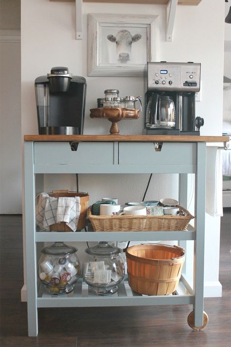 7 Brilliant IKEA Hacks to Organize Your Kitchen | Running out of counter space? Use a storage cart in a soft custom color to create the perfect nook stocked with all of the necessary supplies for preparing the ultimate cup of cocoa, java, or tea. #kitchenideas #trending #detail #interiordesign #decorideas #realsimple Diy Coffee Bar Cart, Kaffe Station, Kaffe Bar, Coffee Bar Cart, Organiser Cucina, Vstupná Hala, Diy Coffee Station, Coffee Diy, Coffee Bar Station